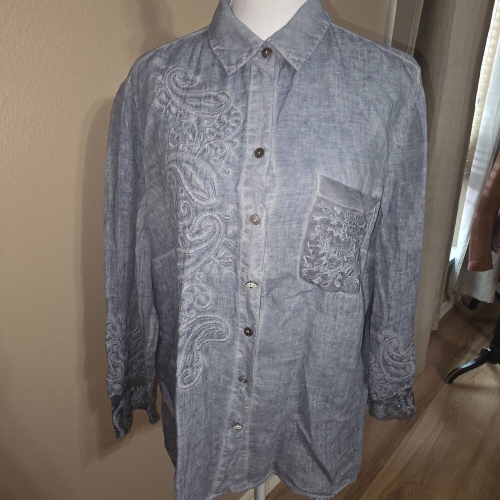 Chico’s Linen Embroidered Button Up Tunic Shirt Blue Size 2